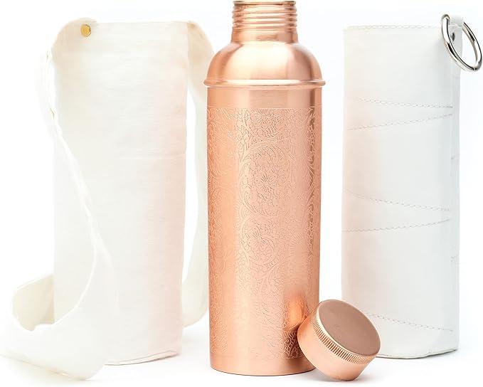 Kitchen Science Copper Water Bottle (34oz/1000ml) w/a Carrying Canvas Bag | 100% Pure Copper Bottle for Drinking Water | LabTested, Heavy Duty & LeakProof | Authentic Ayurvedic Copper Water Bottle