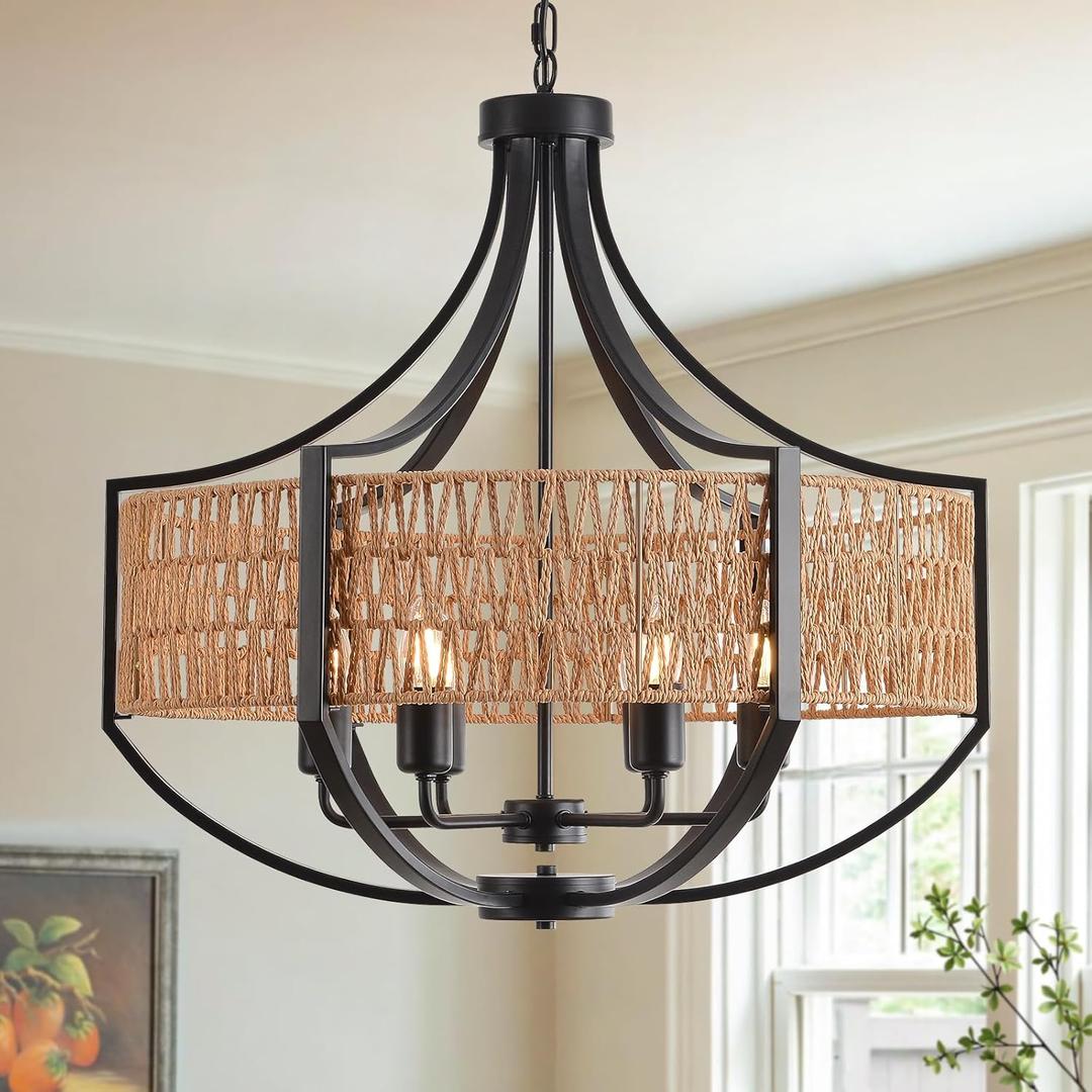 25.6" Large Rattan Farmhouse Chandelier, 6-Light Boho Black Modern Chandelier Light Fixture, Rustic Wicker Chandelier with Woven Shade for Dining Room, Living Room, Bedroom