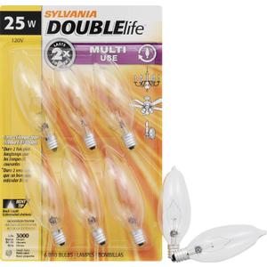 Sylvania Incandescent Double Life Light Bulb, B10, 25W, Candelabra Base, 175 Lumens, 2850K, Clear, Soft White - 6 Pack (18748)