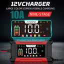 12V 10-Amp Battery Charger, 9 Stage Smart Trickle Charger Maintainer Red | Battery Desulfator, Memory Function, LED Screen, Temperature Compensation, for Car Truck Motorcycle Boat LiFePO4 Lead Acid