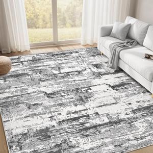 Area Rugs for Living Room: 6x9 Abstract Washable Rug Modern Neutral Large Soft Stain Resistant Non-Slip Backing Machine Table for Bedroom Dining Room Indoor Home Office Carpet - Black Grey