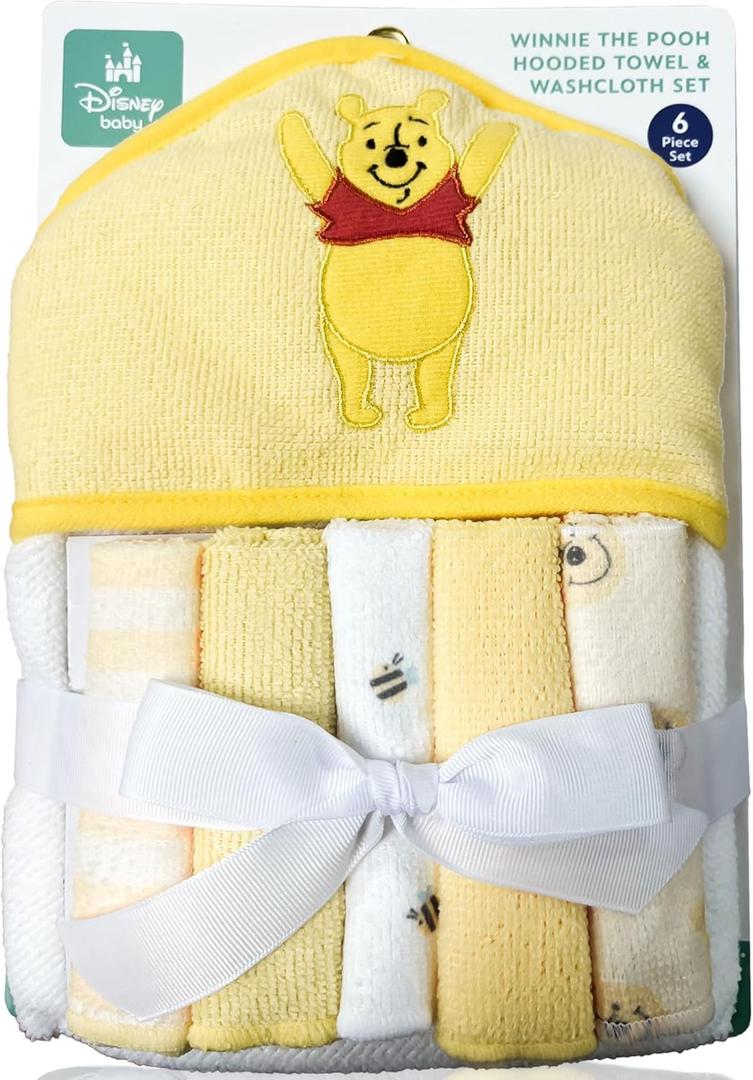 Cudlie Winnie The Pooh Bath Towel Set | Winnie The Pooh Hooded Baby Bath Towel | Includes Hoodie Towel & 5 Wash Cloths | Yellow/White | Officially Licensed
