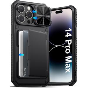 ATATOO for iPhone 14 Pro Max Case Wallet, Built-in Card Holder (3-5 Cards) [RFID Blocking] & Slide Camera Cover, Military Grade Protection, Rugged Silicone Phone Case for 14 Pro Max 6.7" 2022, Black