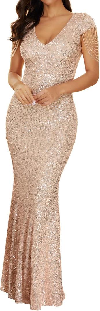 Women 1920s Plus Size Formal Dress Tassels Sleeve Sequins Gatsby Maxi Evening Gown (Small, Beige)