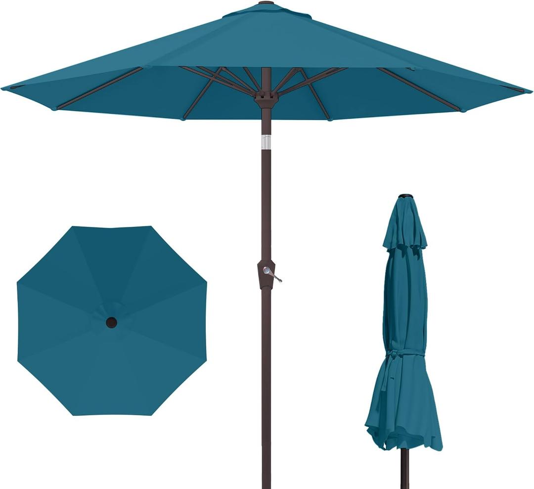 Kingdura 9FT Outdoor Patio Umbrella, Market Table Umbrella with Push Button Tilt and Crank, 8 Sturdy Fiberglass Ribs, UV Protection for Pool, Lawn, Deck, Backyard, Garden (Lake blue)