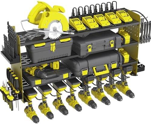 ZEAKOC Power Tool Organizer with Charging Station, 4 Layers 8 Drill Holder Wall Mount,Metal Garage Rack with 10A Power Strip,Tool Shelves with Hooks,Drill Bit Storage, for Men Dad (Green&Black)