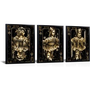 Visual Art Decor Game Room Decor Gaming Canvas Wall Art Playing Cards Painting Framed Print 12"x16"x3Pcs, Playroom Teen Boy Bedroom Decor (Gold)