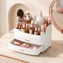 Makeup Organizer for Countertop Vanity Skincare Storage for Perfume Lipstick Bathroom Dresser Desk with Drawers And Brush Holder (White)