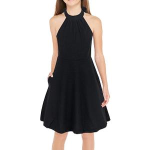 GORLYA Girl's Halter Neck Cold Shoulder Sleeveless Summer Casual Sundress A-line Dress with Pockets for 12 Years, Black