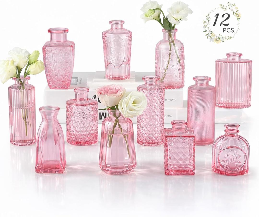 RUCKAE 12 Pack Glass Bud Vases Mini Flower Vase Small Vintage Vases for Centerpiece Table Wedding Decorations Home Decor Party (Pink)