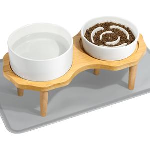4-in-1 Elevated Dog Bowls Set with Non-Slip Wooden Stand-Ceramic Slow Feeder and Water Bowl-Scratch Resistant Silicone Pad, 27.8 OZ - 850 ML/1 Cup 8 OZ Two Pet Bowl for Small Medium Large Cat or Dog
