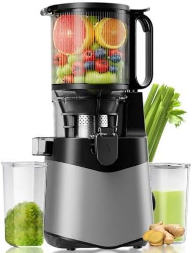 EanOruus Cold Press Juicer, 5.8" Wide Feed Chute Juice Extractor Machine with 400W, High Juice Yield, Slow Masticating Juicer for Whole Vegetables & Fruits, Light Grey