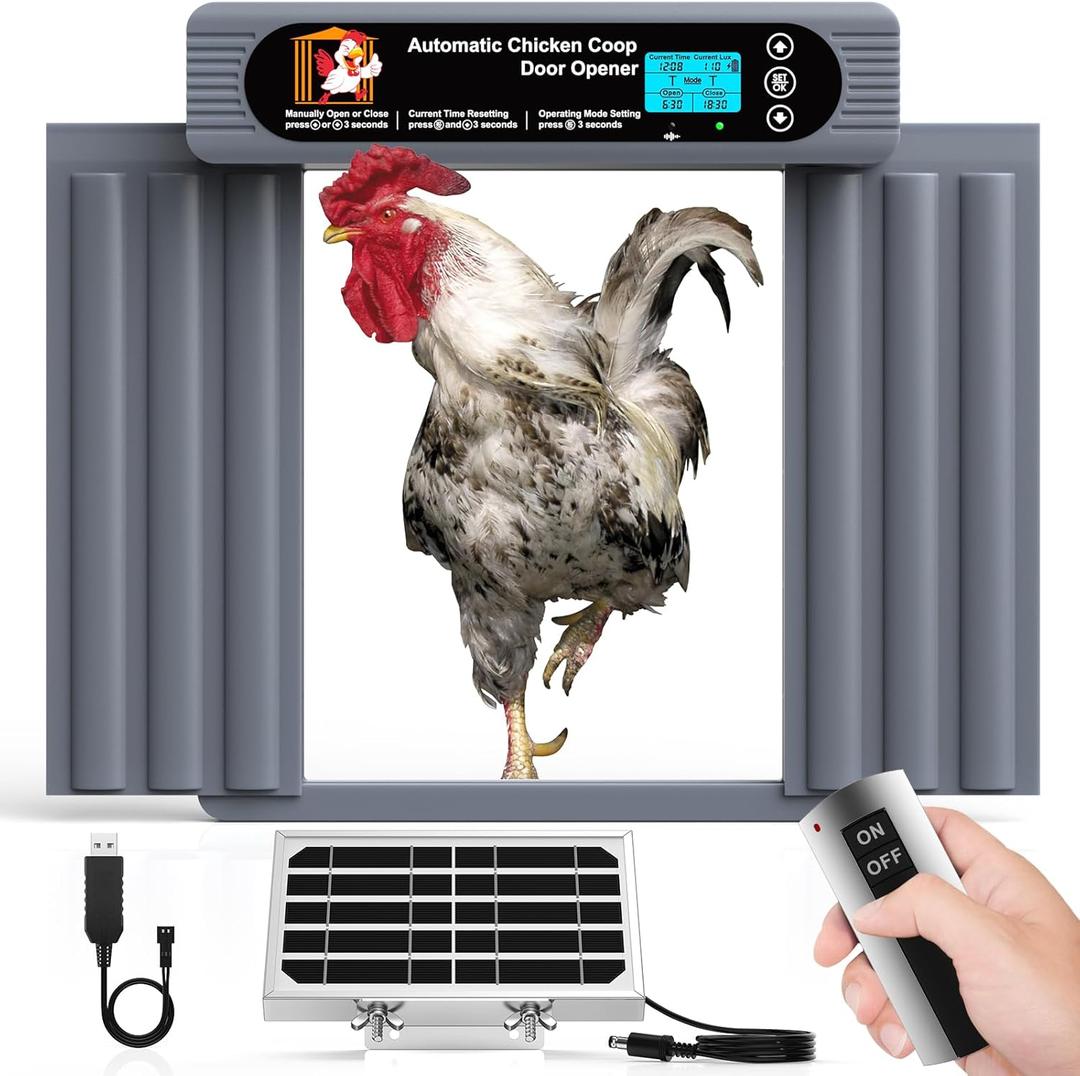 Automatic Chicken Coop Door,Programmable Timer & Light Sensor Modes, LCD Display, Solar Powered Auto Chicken Door Opener with Remote Control (30m)