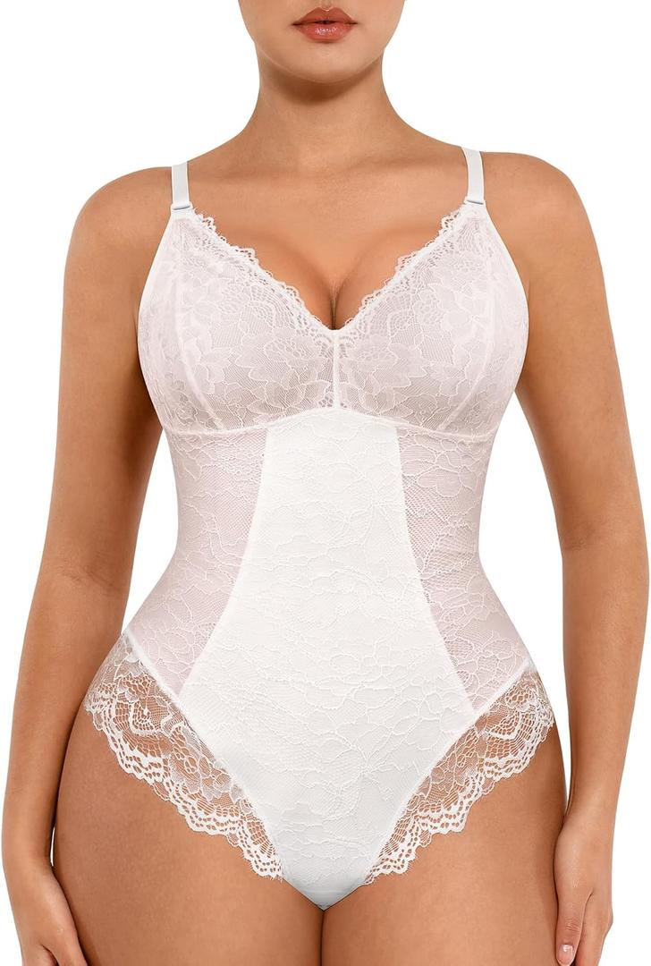 FeelinGirl Shapewear Bodysuits for Women Lace Shapewear Tummy Control V-Neck Sleeveless Bodysuit Tops Jumpsuit (Large, White)