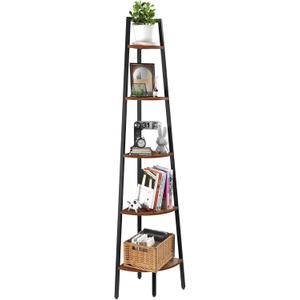 Yoobure Corner Shelf, 5-Tier Corner Bookshelf with Metal Frame & Wood Ladder Shelves - Display Shelf & Tall Bookcase, Plant Stand for Home Decor - Bedroom, Living Room, Office (Berry Brown)