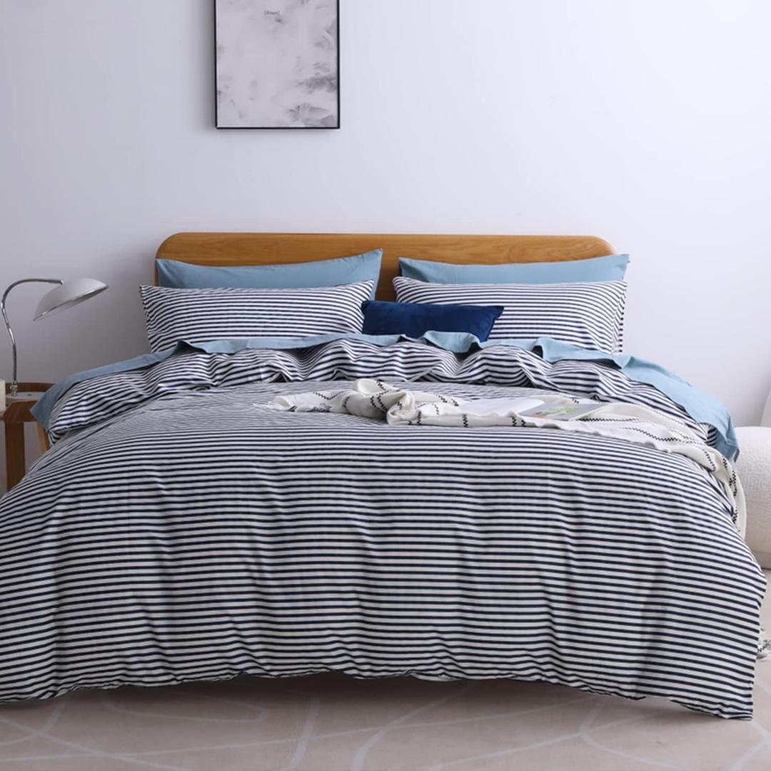 JELLYMONI 100% Natural Cotton 3pcs Striped Duvet Cover Sets,White with Navy Blue Stripes Pattern Printed Comforter Cover,with Zipper Closure & Corner Ties(Queen Size) (0605)