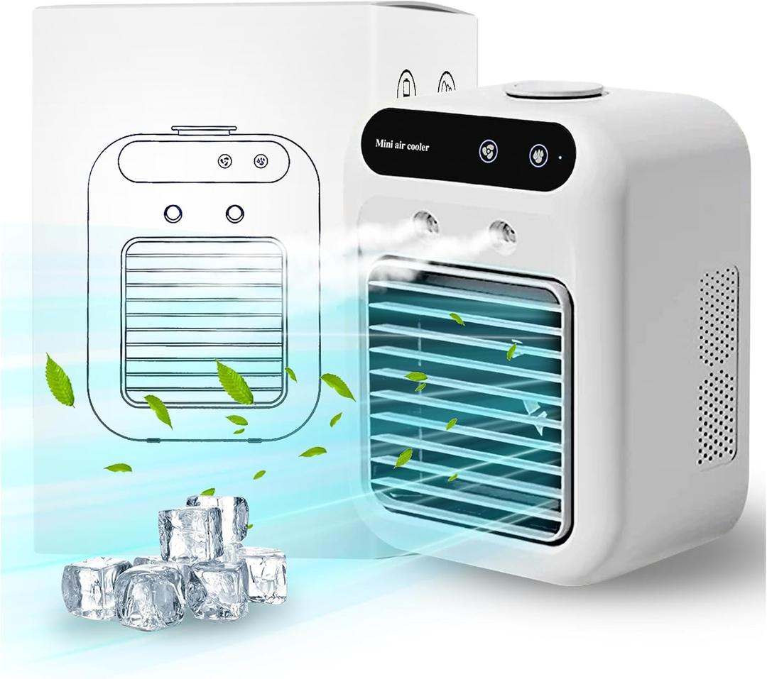 Mini Air Conditioner and Mist Humidification, Rechargeable Personal Air Cooler, 2 Speeds, 2Cool Air Spray, Small Air Cooling for Home Office Bedroom Camping