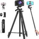 71" Camera Tripod, Versatile Cell Phone Tripod with Wireless Remote Phone Holder and Carry Bag, Lightweight Portable Camera Tripod Stand Compatible with Smartphone Cameras, Max Load 6.6 lbs