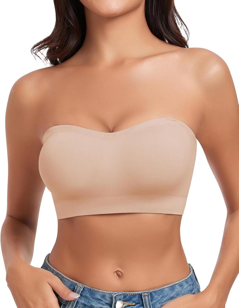 WOWENY Strapless Bras for Women Bandeau Bra Wireless Non-Slip Silicone Seamless Padded Tube Top Bra (X-Large, Nude)