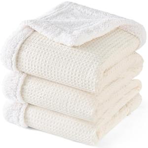 PHF Waffle Sherpa Blanket Queen Size, 90x90 Inches Luxury Plush Flannel Fleece Blanket for Winter, No Shed No Pilling, Cozy Soft & Reversible Waffle Weave Bedding for Home Decor, Cream White
