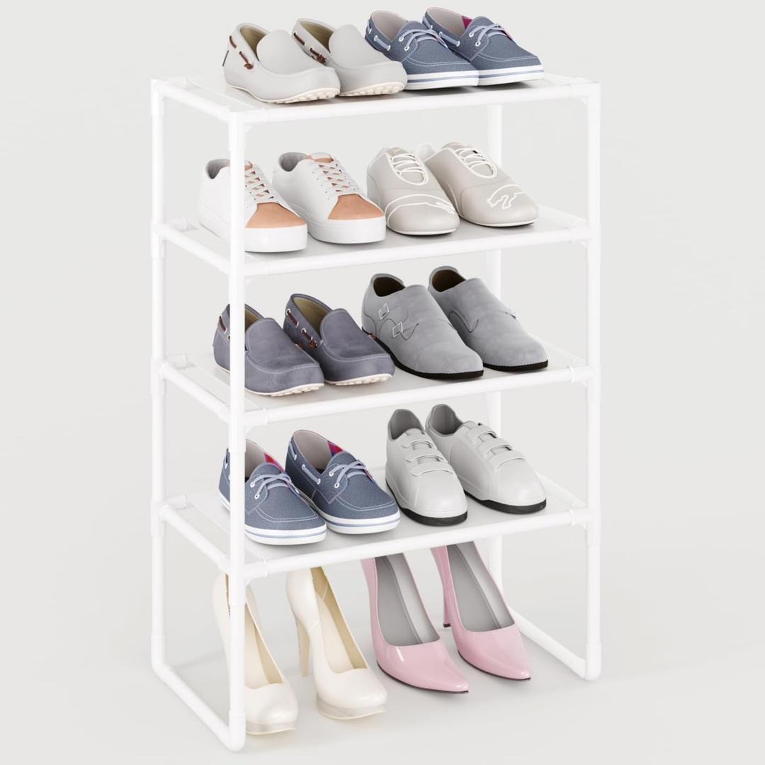 5-Tier Small Shoe Rack for Closet and Entryway, Narrow Shoe Shelf Organizer,Stackble Shoe Stand,Non-Woven Fabric Metal Free Standing Shoe Racks (White, 18" W x 9.9" D x 28.6" H)