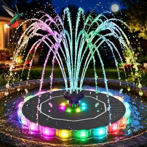GAIZERL Solar Fountain, 2026 Upgrade 3.5W Solar Bird Bath Fountains with Colorful Ring LED Lights, 2000mAh Battery, 7 Nozzles and 4 Fixers, Solar Water Fountain Pump for Pond, Pool, Patio and Garden