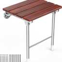 Folding Shower Seat Wall Mounted, Bathroom Bathtub Safety Stool Chair with Support Legs for Small Shower, Foldable Wall Wood Shower Bench for Seniors