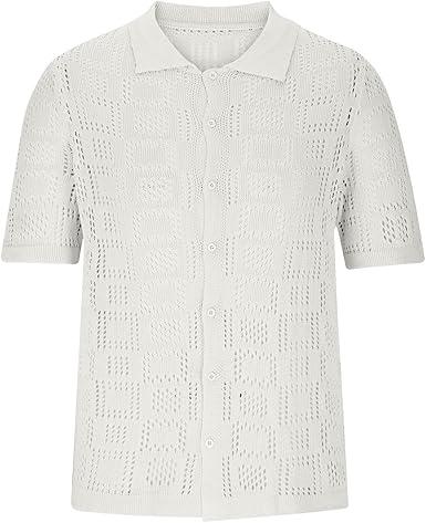 Mens Knit Crochet Button Down Shirt See Through Top Short Sleeve Sweater Lightweight Casual Summer Tops Beach Fits (Large)