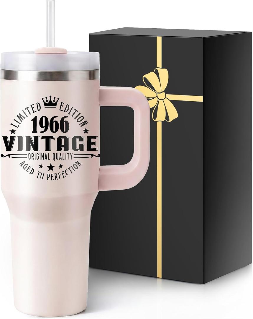 Insulated Water Bottle with Straw Handle Pink Spill Leak Proof Tumbler Cup Cute Smoothie Coffee Mug Women 60th Birthday for Her 60 Years Old 1966 Funny Gift Cool Decorations Best Unique Birthday Party