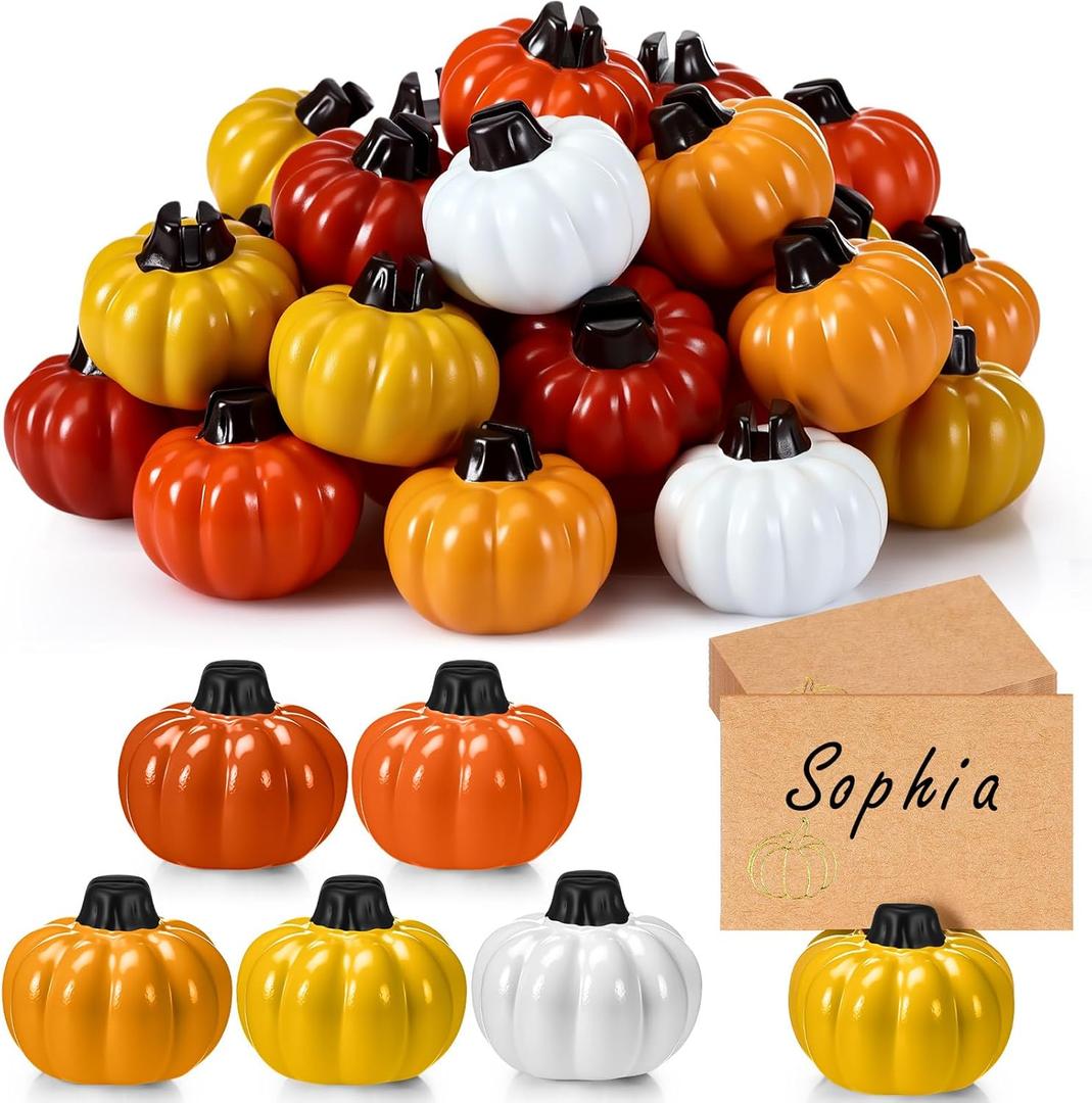 Yaomiao 30 Set Thanksgiving Fall Pumpkin Place Card Holders with Kraft Cards, Resin Mini Pumpkin Name Card Holder for Thanksgiving Table Setting Autumn Party Photo Wedding Decor(Yellow,Orange,White)