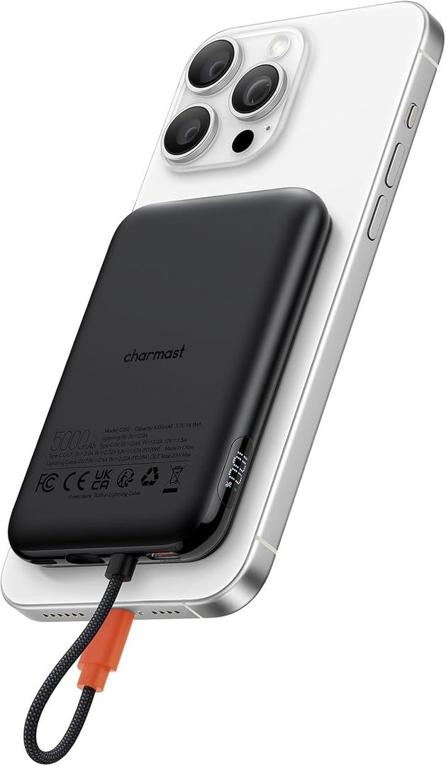 Charmast Slim Portable Charger, 5000mAh Fast Charging Power Bank Built in for iPhone Cable, Digital Display Battery Pack Compatible with iPhone 14/14 Pro Max/13/13 Pro Max/12/11/XR/X (No-Wireless)