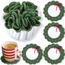 Windkream 5 Pcs Wreath Crochet Coaster Set Wreath Coaster with White Pot Storage Basket Handmade Present Woven Cup Mats Kit for Holiday Party Gifts Kitchen Office Home Decor
