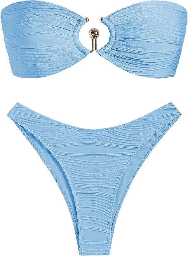 ZAFUL Womens Bandeau Bikini Set Metallic Sparkly O Ring Lace Up Tie Side High Cut Tanga Sexy Bathing Suit Swimwear
