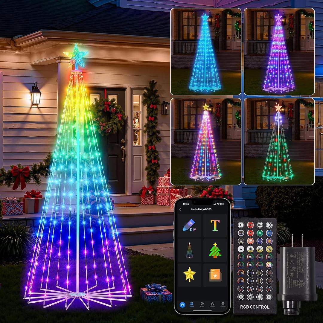 Smart Christmas Cone Tree LED Light, 6ft 265 LED Music Sync with Remote APP and Local Control, Pattern and Text Displayable, 16 Million Colors LED Light Show Tree for Indoor Outdoor Decorations