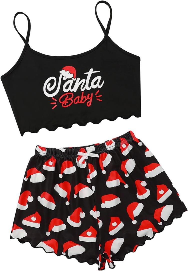 Cute Christmas Pajama Sets 2 Piece Women Satin Silk Crop Tops with Mini Shorts Pjs Set Round Neck Camisole Pj (Small, Black Santa Baby)