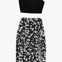 WDIRARA Women's 2 Pieces Outfits Crop Cami Tops and Floral Print Drawstring Split Skirt Set Black White Medium