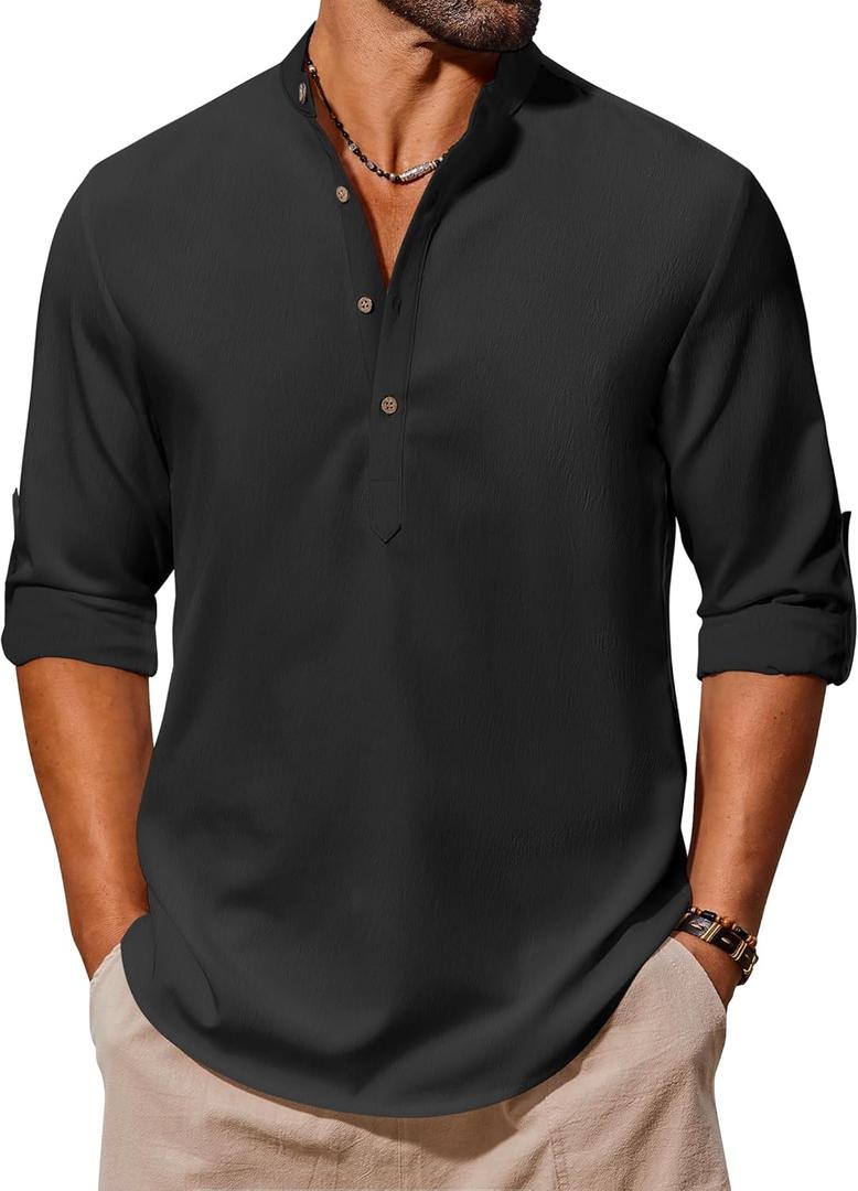 COOFANDY Men's Casual Henley Shirts Long Sleeve Band Collar Lightweight Beach Shirts Summer T-Shirts (Black, XL)