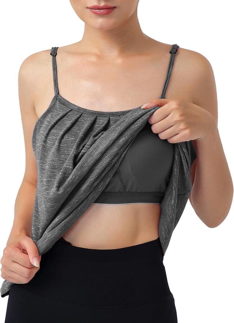 Hibelle Womens Built in Bra Camisole with Adjustable Spaghetti Straps,Pleated Front Flowy Summer Casual Tank Tops (Gray, M)