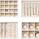 Velvet Jewelry Drawer Organizer Trays 4-Layer Stackable Jewelry Storage Inserts Set, Beige Jewelry Tray Set for Earrings, Rings, Necklaces, Bracelets with Removable Dividers for Dresser & Vanity