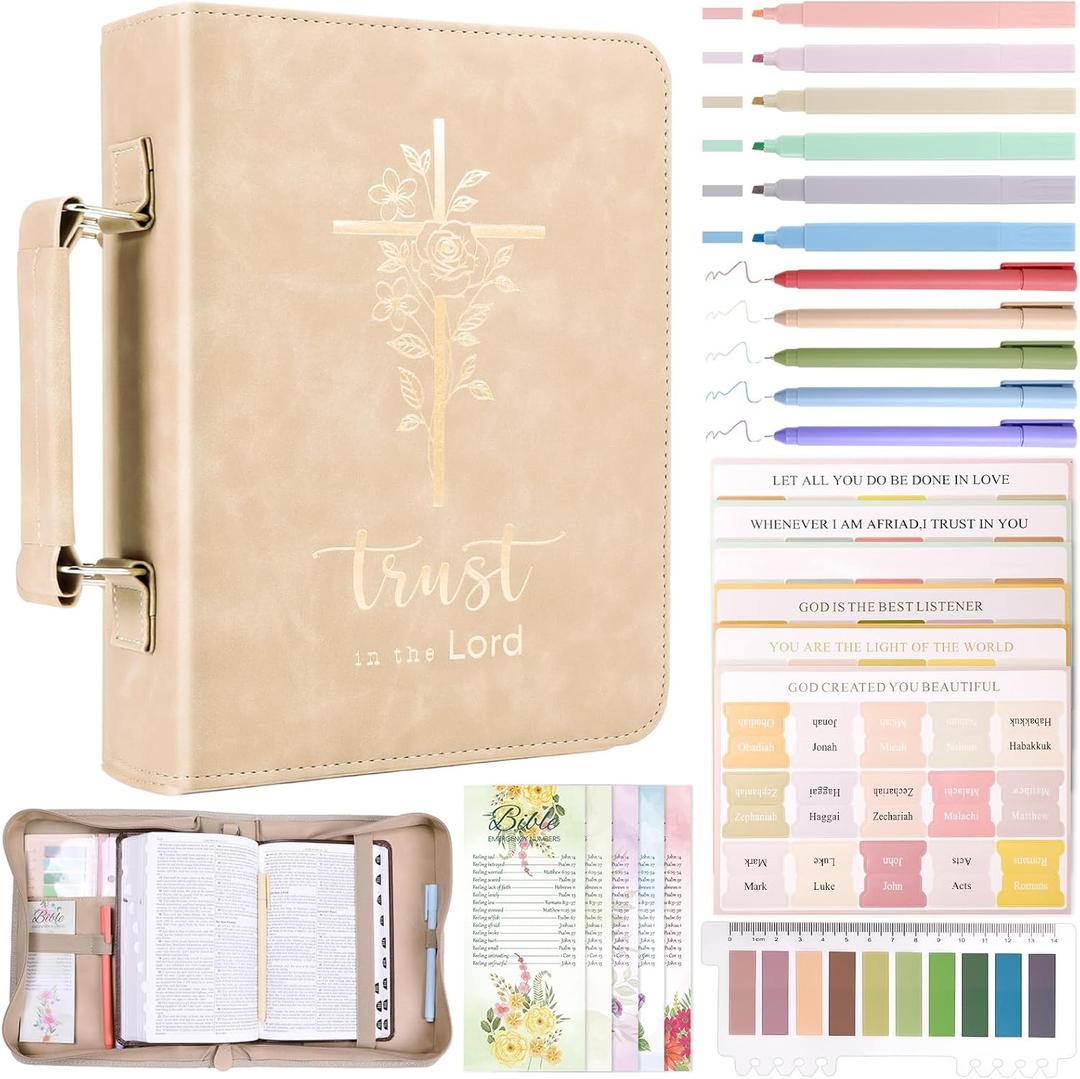 XKDOUS Bible Cover Case for Women, Leather Bible Bags with Study Supplies Journaling Kit, Gold Foiled Carrying Case Large Church Book Holder with Handle, Mothers Day Christian Gifts for Mom Lady (Apricot & Golden Cross)