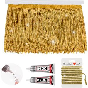 Gold Glittery Fringes, 5 Yards X 4 Inch Fringe Trim with B7000 Glue, Tassels Trim for Crafts Sewing by The Yard for Clothing Curtain