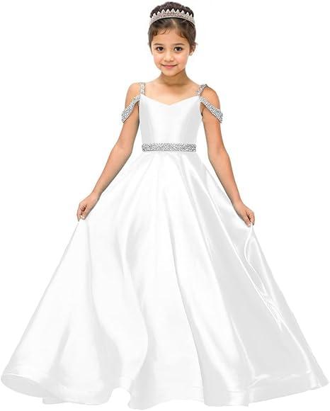 Flower Girls Satin Rhinestone Pageant Dresses Princess A Line Floor Length Formal Wedding Party Communion Gowns, 8, White