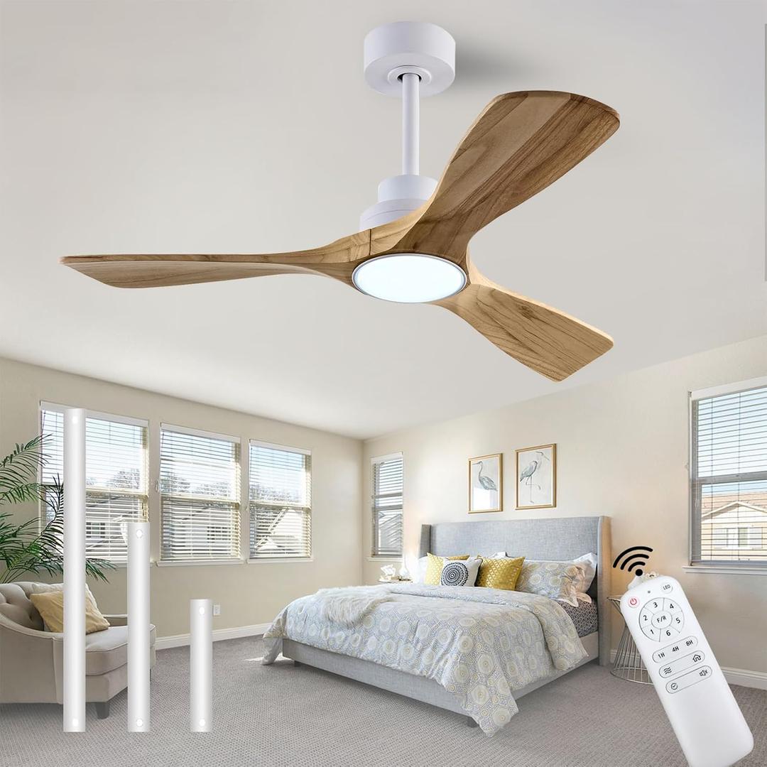QUTWOB 42" Wood Ceiling Fan with Lights Remote Control,Quiet DC Motor 3 Blade Ceiling Fans for Patio Living Room, Bedroom, Office,Indoor Outdoor(Raw wood+White)
