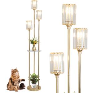 HMVPL Gold Floor Lamps for Living Room, Modern Floor Lamp with Shelves, Crystal Standing Lamps with Table, Brass Tall Lamp with Crystal Shade, On/Off Switch, Mid Century Corner Floor Lamp for Bedroom