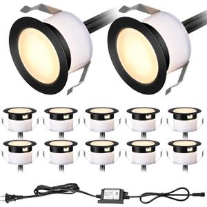 LED Deck Light Kits Warm White, 1.22 Recessed Step Light 12 Pack with Black Protective Shell, DC12V Low Voltage LED Deck Lighting, IP67 Waterproof Outdoor Stair Lights for Garden