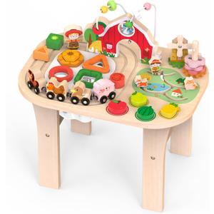 Activity Table for 1 Year Old, Baby Wooden Sensory Table with Bead Maze Shape Sorter Train Track for Toddler, Farm Montessori Toy Activity Center Educational Learning Toys for Kids 12+ Months