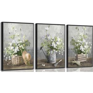 4 x 3pcs Country Daisies Poster Wall Art Countryside Flower Painting Picture Wall Decor Farmhouse Still Life Basket Poster Print Artwork for Bathroom Bedroom Home Decoration 12x16in