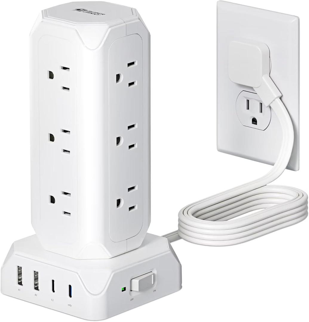 Power Strip Tower, SUPERDANNY 12 Outlets with 35W USB(2 USB-A & 2 USB-C) Charging Station, 1625W/13A, 1700J Surge Protector, 6.5ft Flat Plug Extension Cord with Multiple Outlets for Home, Office, Dorm (White)