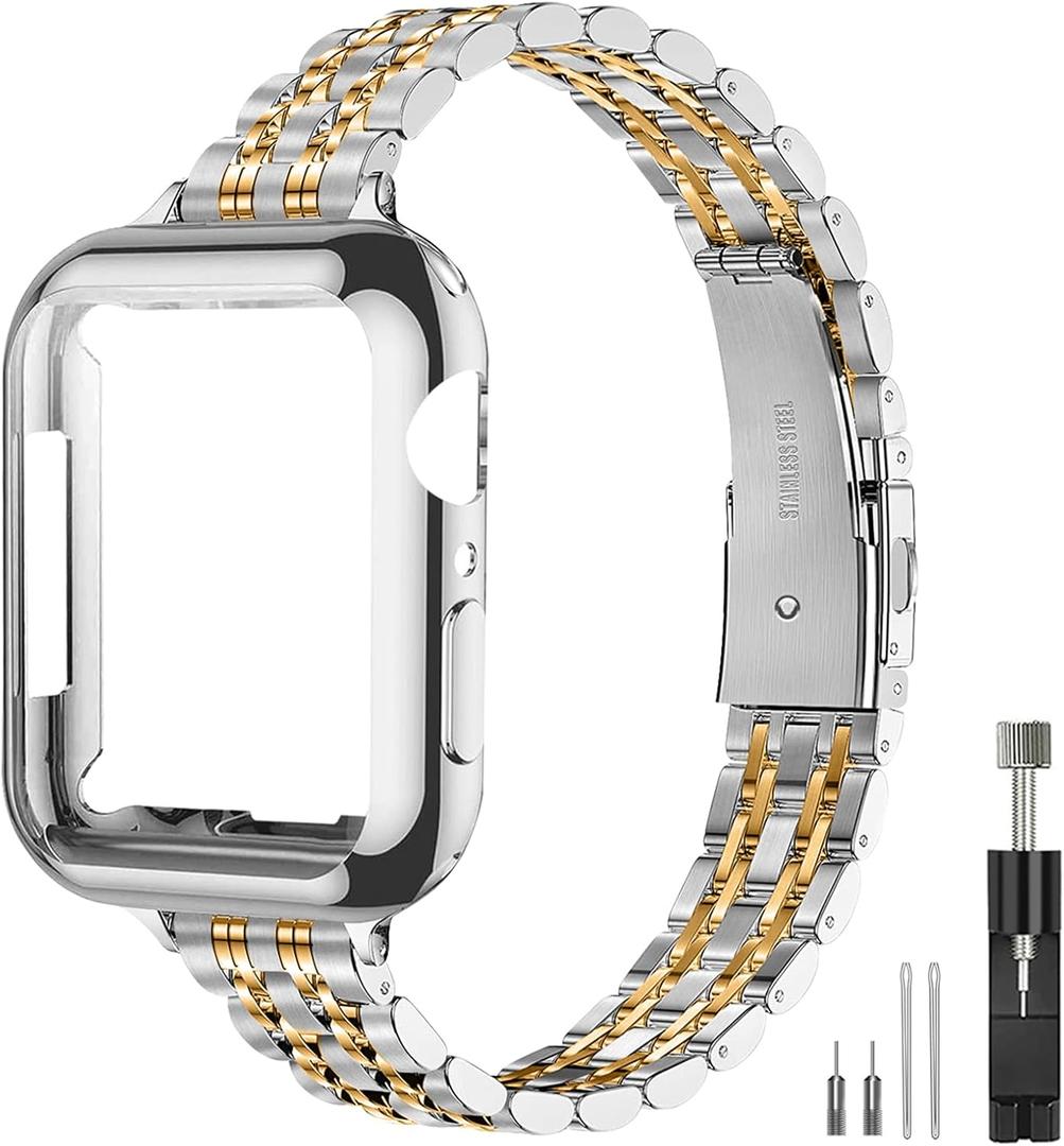 Slim Watch Band Compatible with Apple Watch 41mm 45mm 42mm 44mm 40mm 38mm Metal Stainless Steel Watchband Suitable for iWatch 10/9/8/7/6/5/4/3/2/1/SE Series Women Luxury Strap (Silver and Gold)
