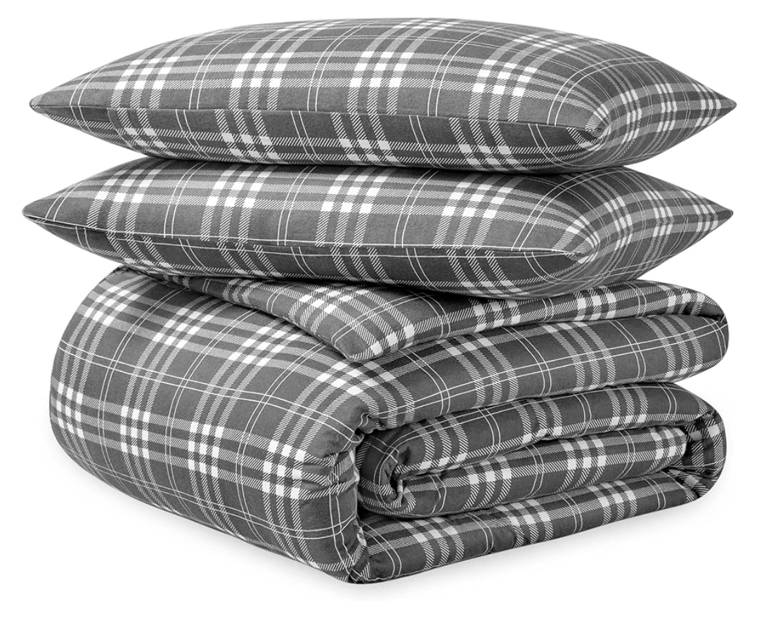 Bare Home Flannel Duvet Cover Set - Queen - 100% Cotton, Velvety Soft Heavyweight Premium Flannel, Double Brushed - Includes Sham Pillow Covers (Queen, Stirling Plaid - Grey/White)